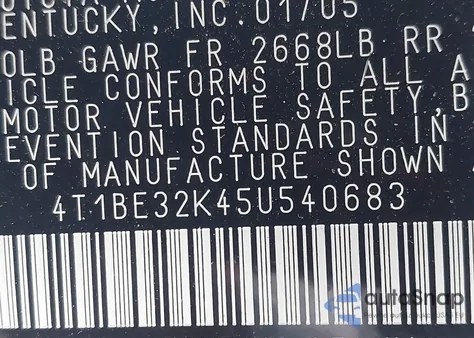 2005 Toyota Camry Le from USA, damaged, VIN 4T1BE32K45U540683